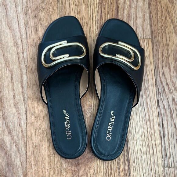 Off-White Paperclip Leather Sandals Black Gold Women’s Size 37 - Picture 3 of 9